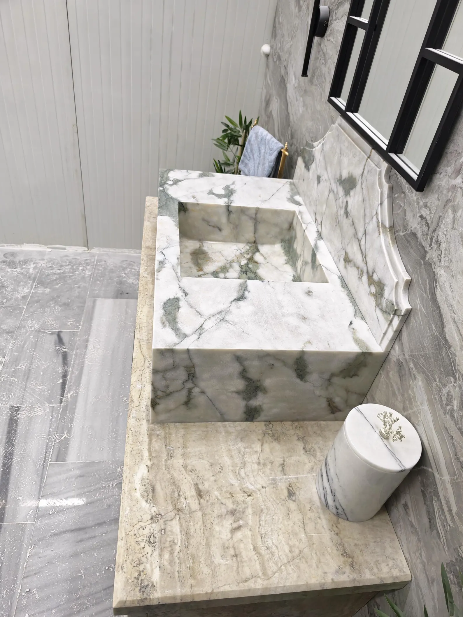 Calacatta Monet Mermer Lavabo – Yeşil Damarlı Beyaz Doğal Taş Banyo Lavabosu - Görsel 8