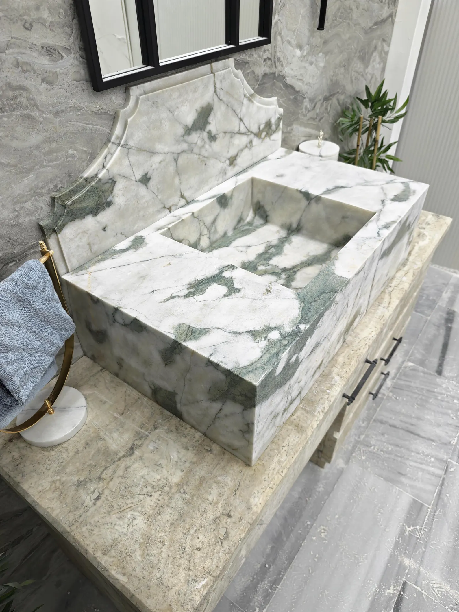 Calacatta Monet Mermer Lavabo – Yeşil Damarlı Beyaz Doğal Taş Banyo Lavabosu - Görsel 7