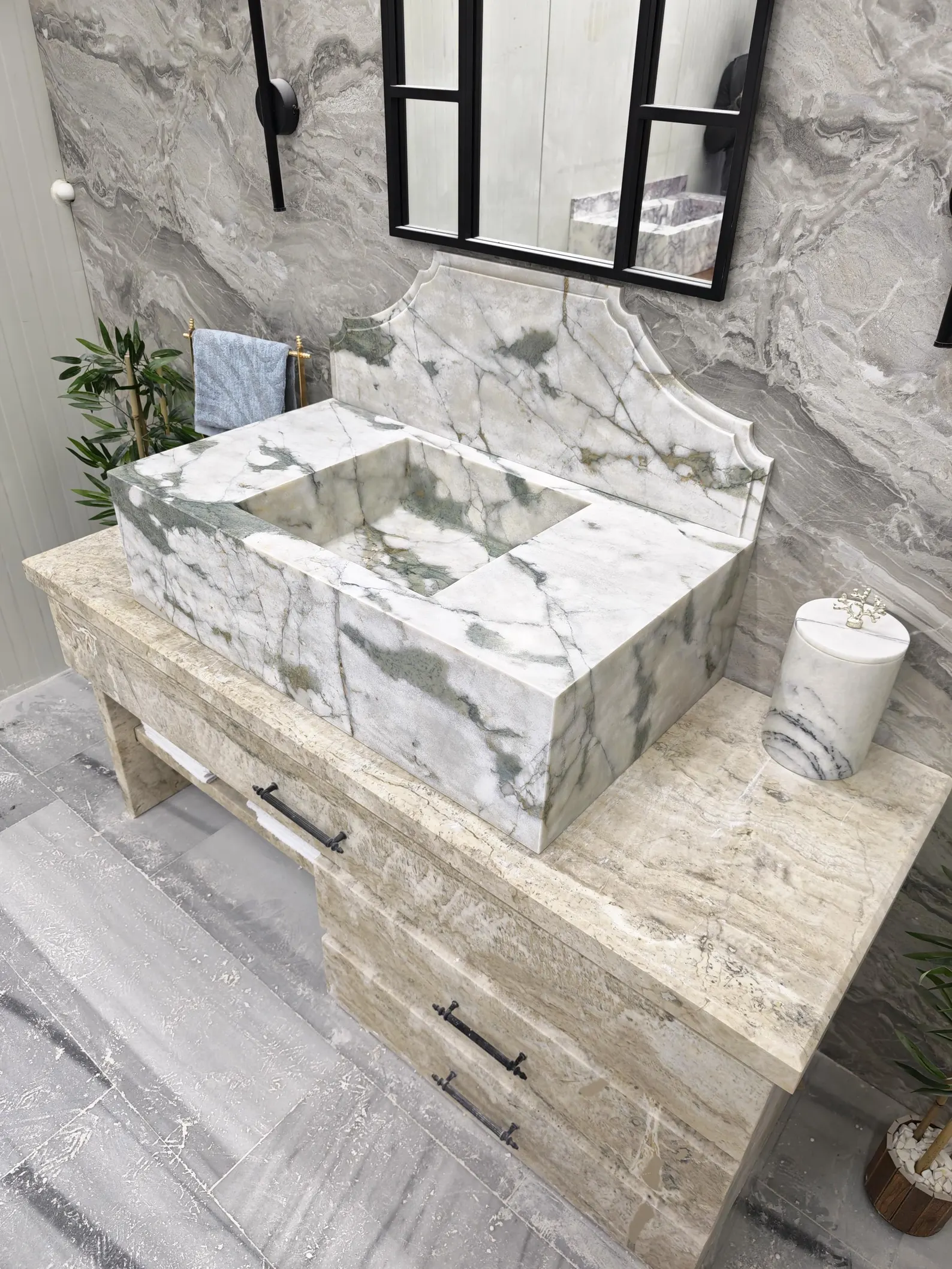 Calacatta Monet Mermer Lavabo – Yeşil Damarlı Beyaz Doğal Taş Banyo Lavabosu - Görsel 2