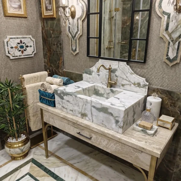 Calacatta Monet Mermer Lavabo – Yeşil Damarlı Beyaz Doğal Taş Banyo Lavabosu