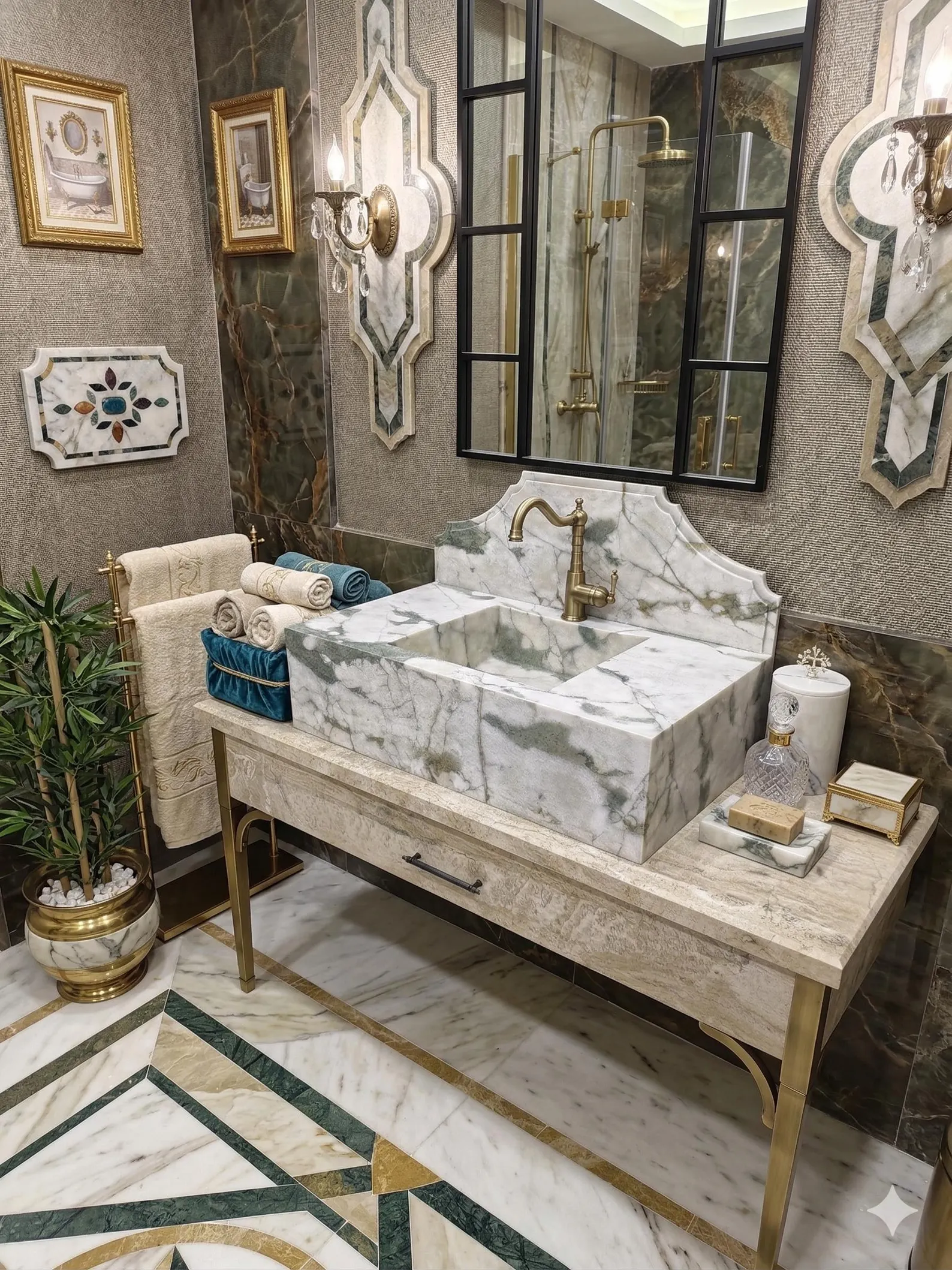 Calacatta Monet Mermer Lavabo – Yeşil Damarlı Beyaz Doğal Taş Banyo Lavabosu