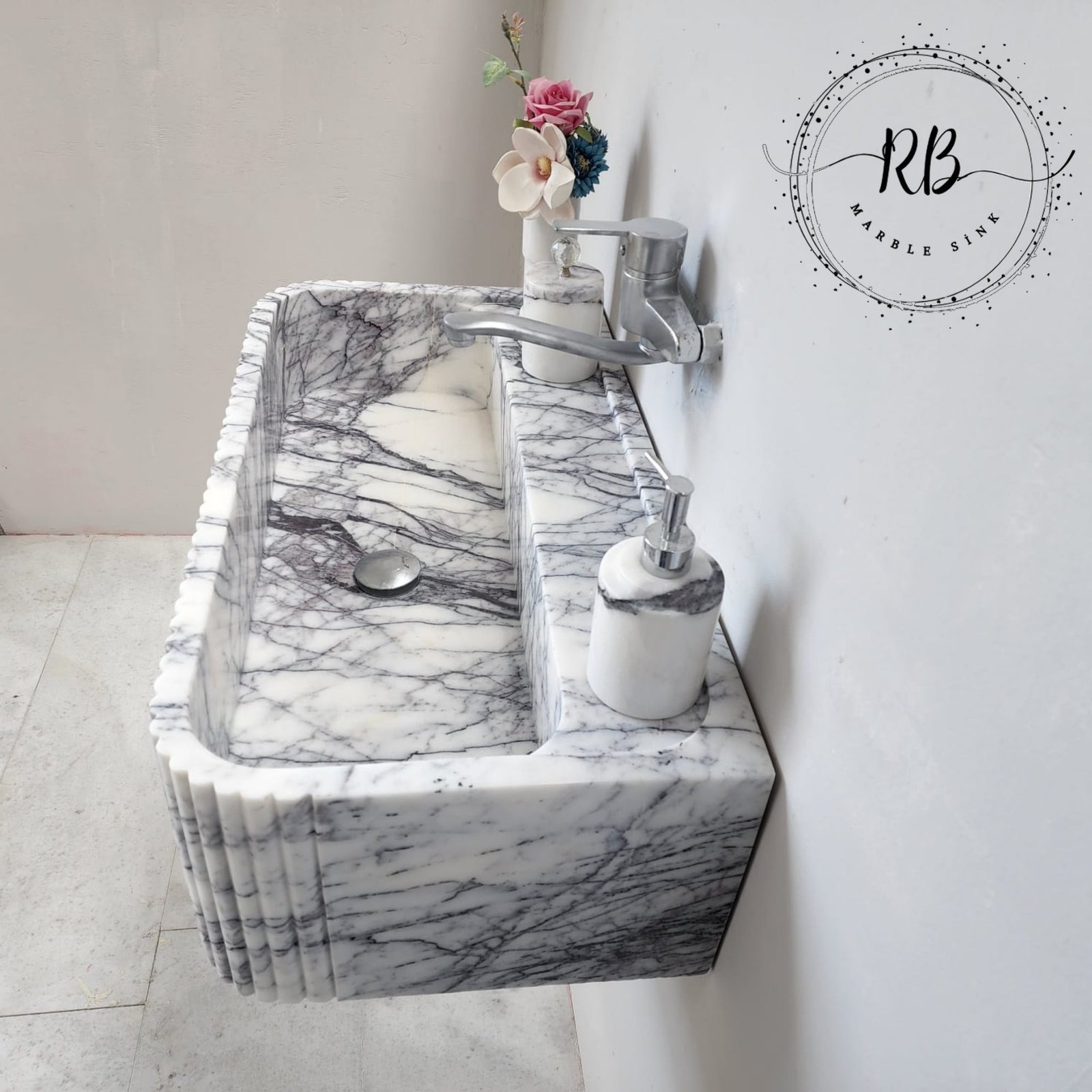 Lilac Mermer Lavabo – El Oyma Ribbed Kenarlı, Yuvarlatılmış Köşeli Duvar Tipi Banyo Lavabosu - Görsel 9