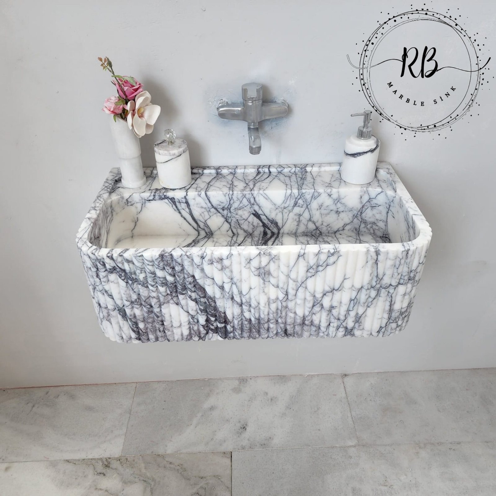Lilac Mermer Lavabo – El Oyma Ribbed Kenarlı, Yuvarlatılmış Köşeli Duvar Tipi Banyo Lavabosu - Görsel 4