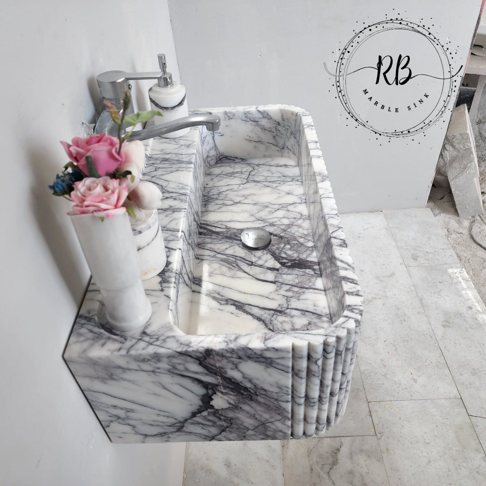 Lilac Mermer Lavabo – El Oyma Ribbed Kenarlı, Yuvarlatılmış Köşeli Duvar Tipi Banyo Lavabosu - Görsel 8