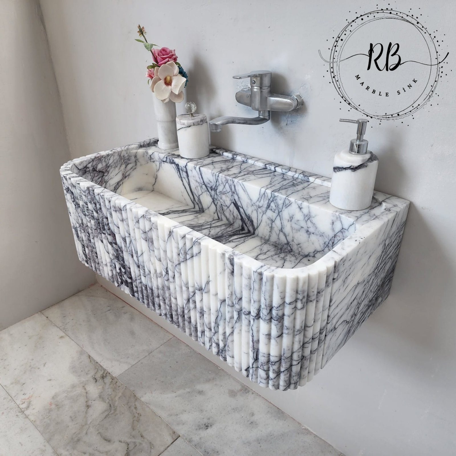 Lilac Mermer Lavabo – El Oyma Ribbed Kenarlı, Yuvarlatılmış Köşeli Duvar Tipi Banyo Lavabosu - Görsel 2