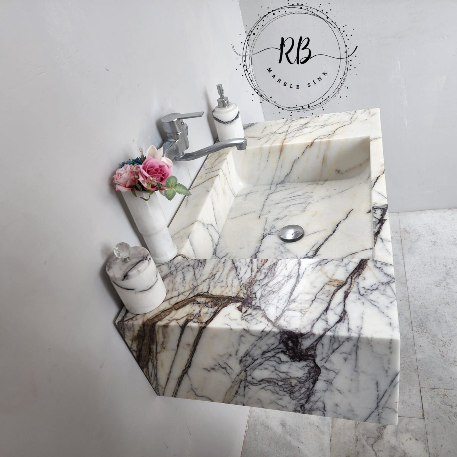 Lilac White Mermer Lavabo – El Oyma Duvar Montajlı Lüks Taş Vanity (34") - Görsel 6