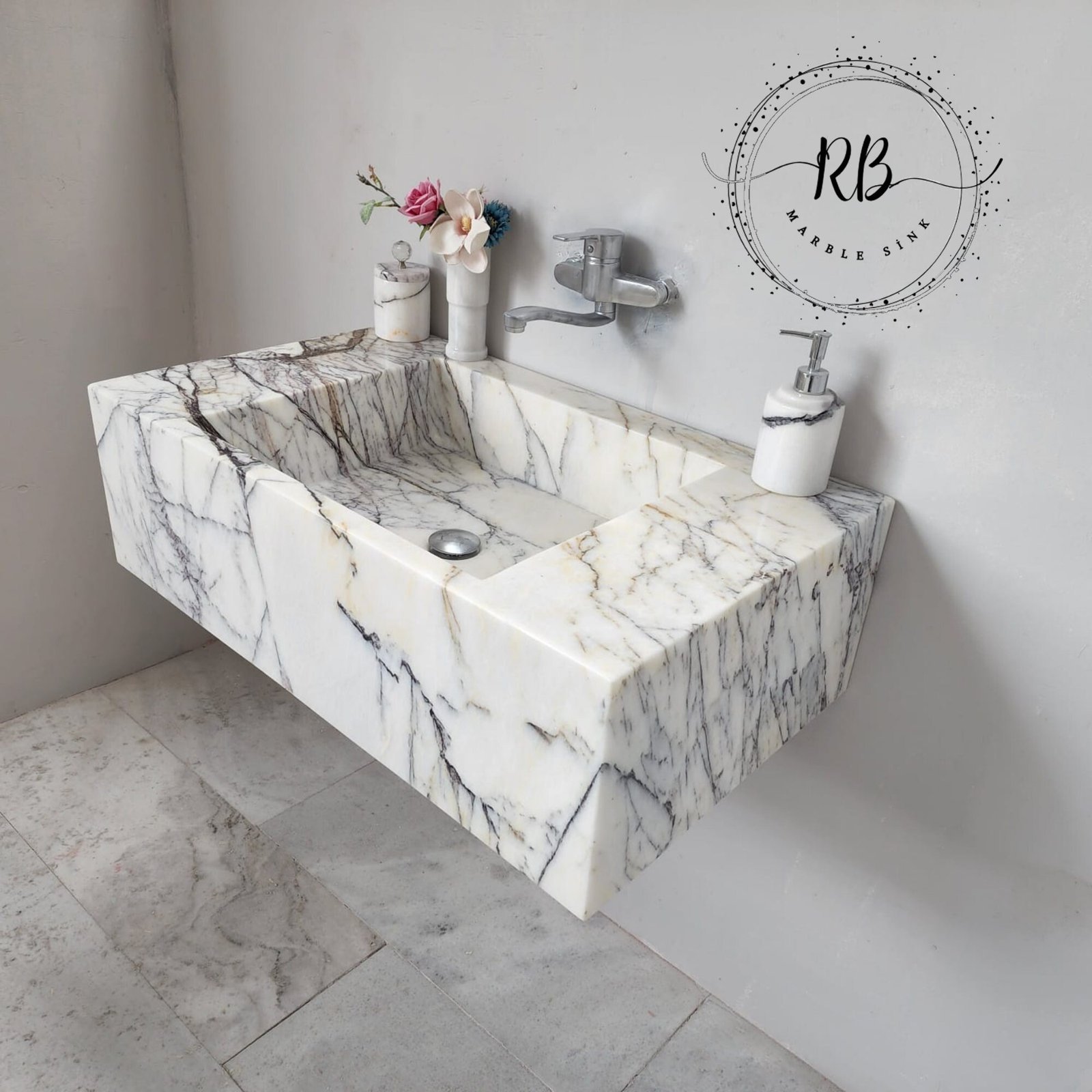 Lilac White Mermer Lavabo – El Oyma Duvar Montajlı Lüks Taş Vanity (34") - Görsel 9
