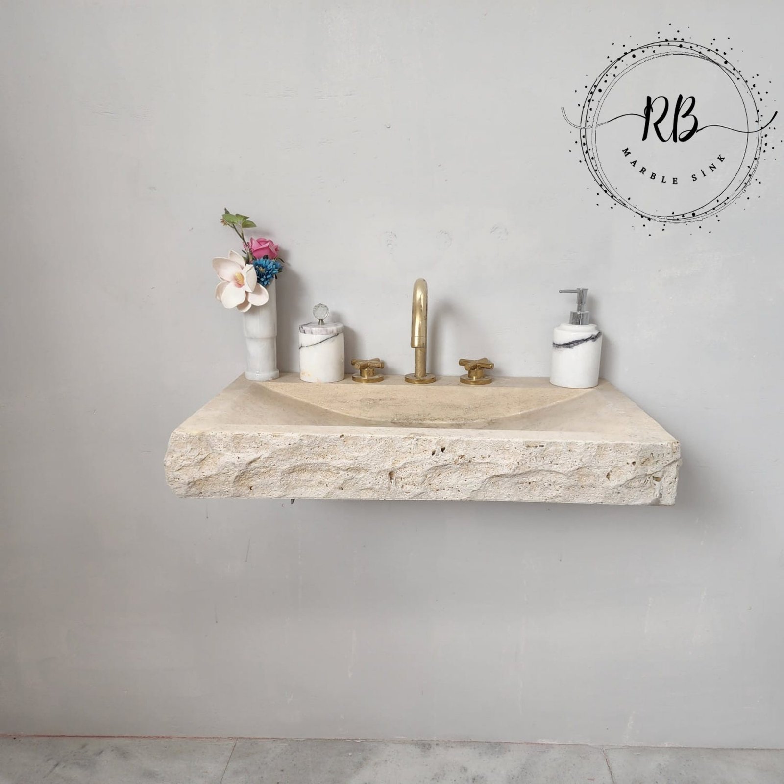 Split Face Traverten Lavabo – Duvara Monte Rustik Doğal Taş Banyo Tezgahı - Görsel 6