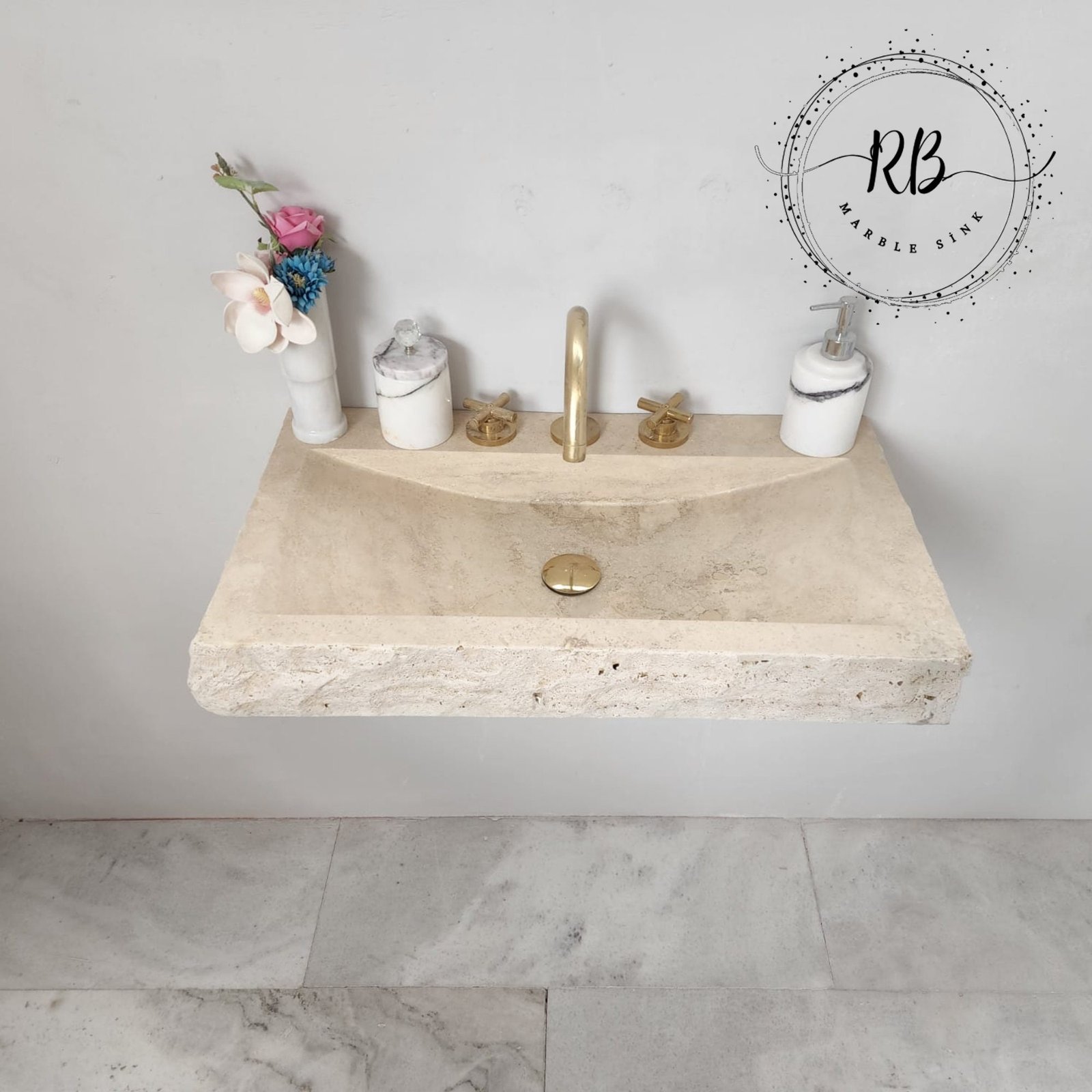 Split Face Traverten Lavabo – Duvara Monte Rustik Doğal Taş Banyo Tezgahı - Görsel 4