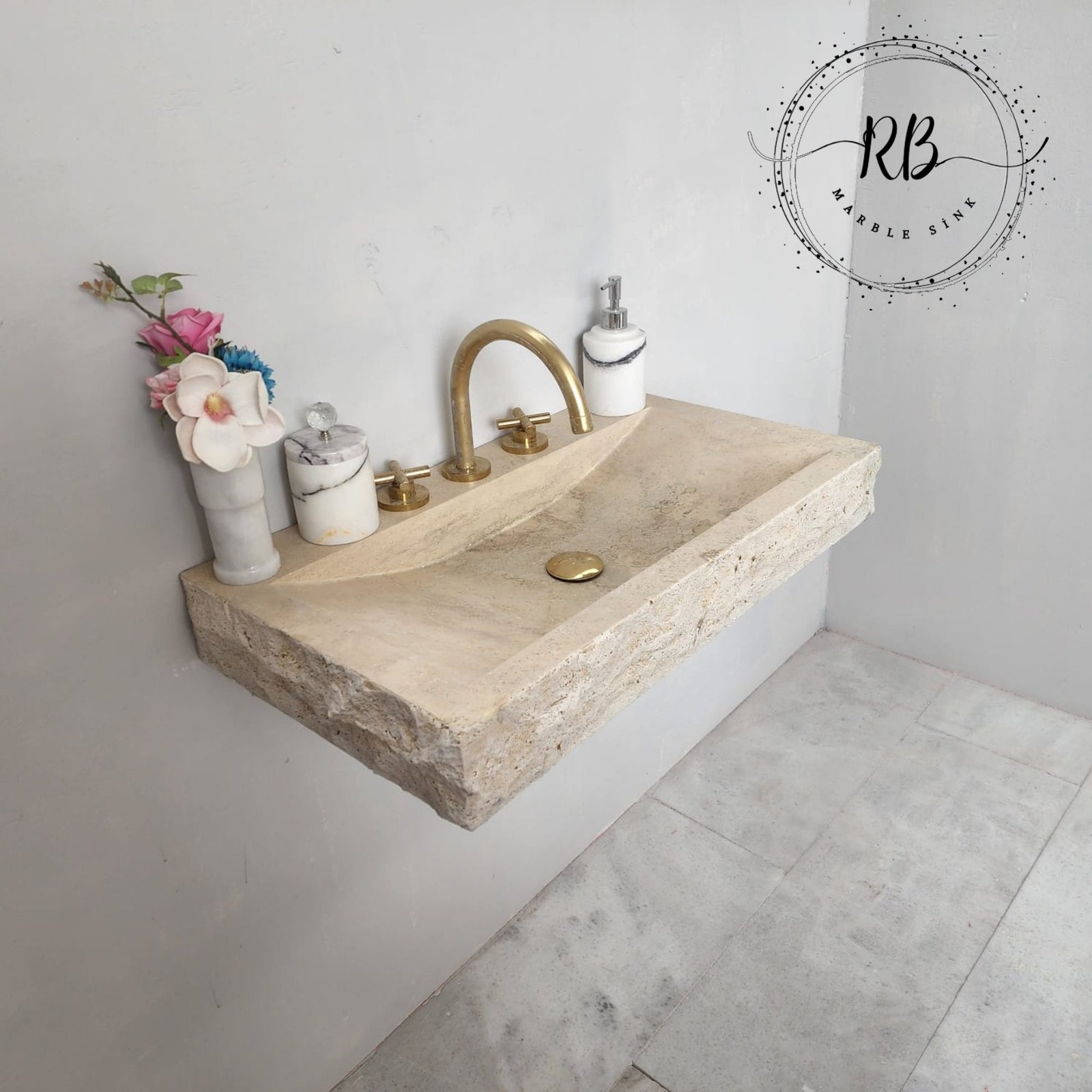Split Face Traverten Lavabo – Duvara Monte Rustik Doğal Taş Banyo Tezgahı - Görsel 3