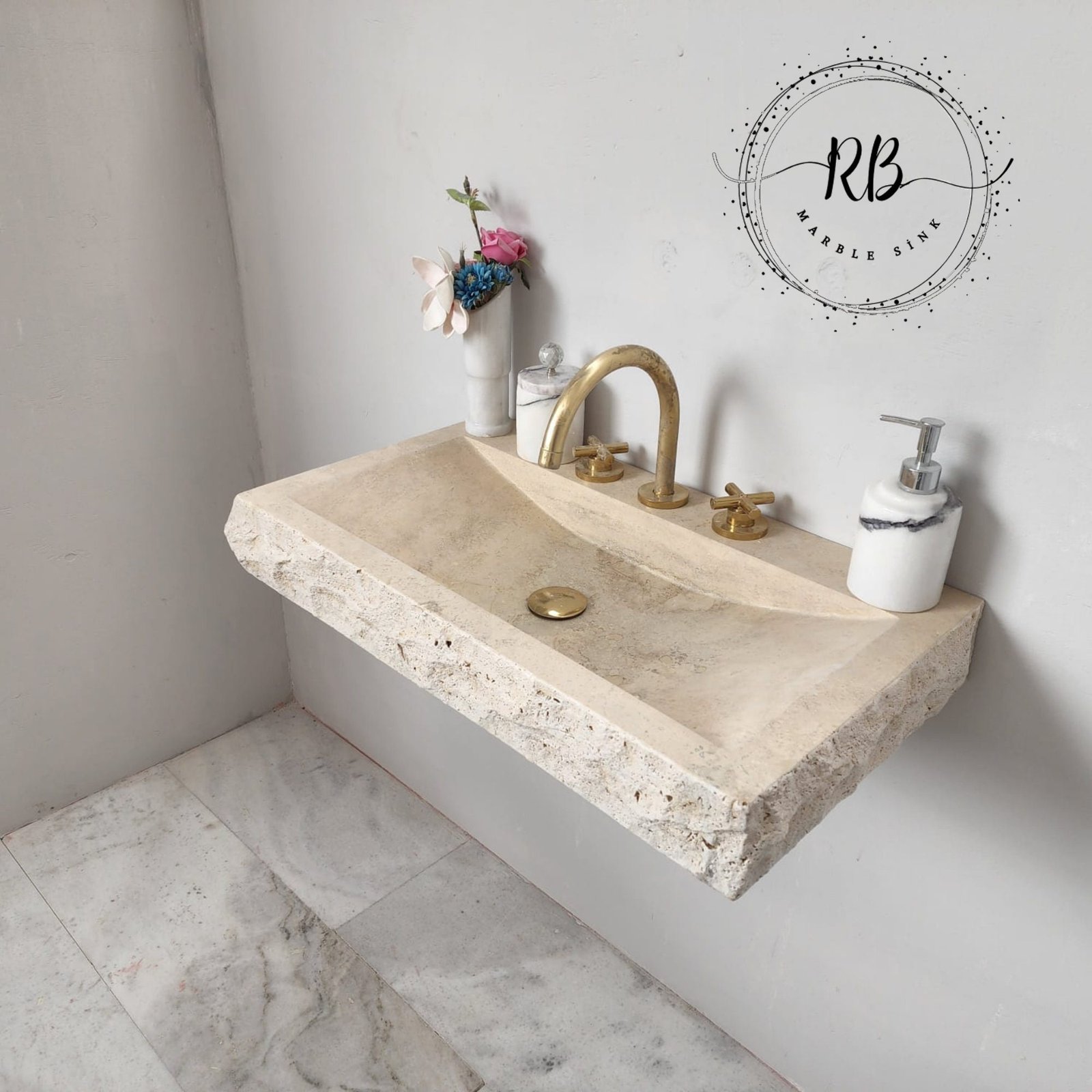 Split Face Traverten Lavabo – Duvara Monte Rustik Doğal Taş Banyo Tezgahı - Görsel 2