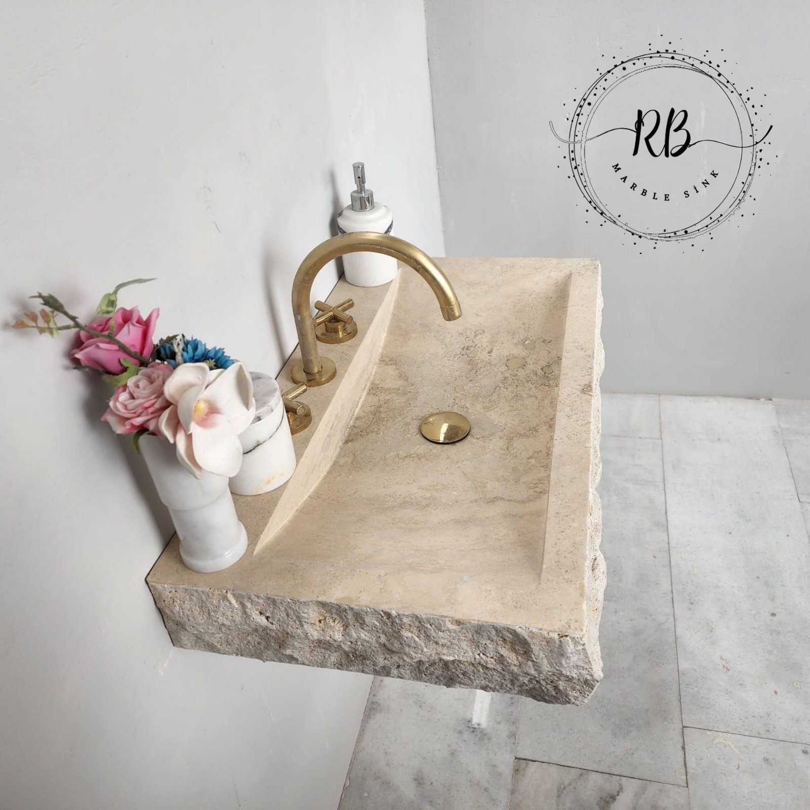 Split Face Traverten Lavabo – Duvara Monte Rustik Doğal Taş Banyo Tezgahı - Görsel 10