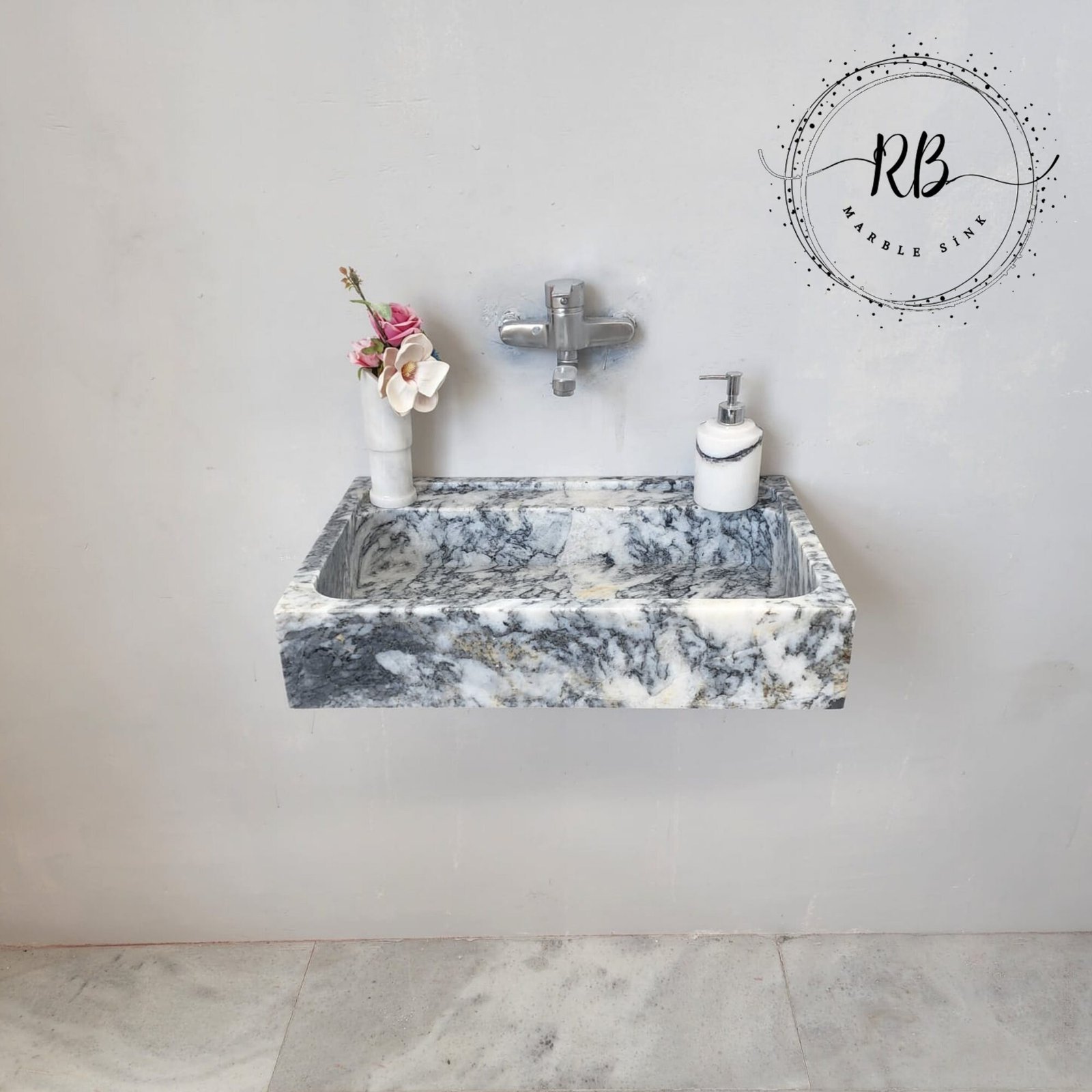 Gray Tiger Mermer Lavabo – Dikdörtgen Form Modern Taş Vanity (24") - Görsel 3