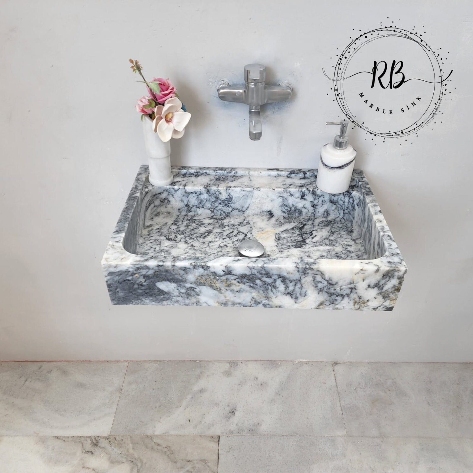 Gray Tiger Mermer Lavabo – Dikdörtgen Form Modern Taş Vanity (24") - Görsel 4