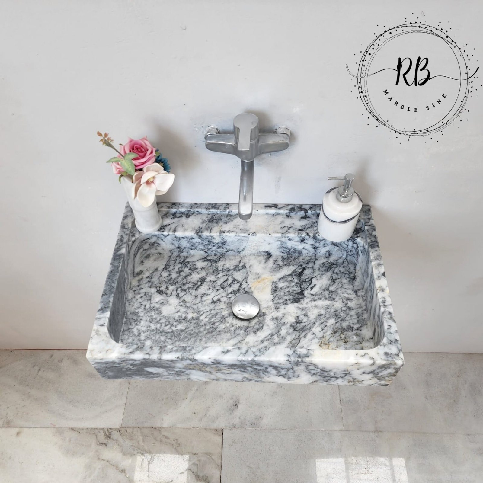 Gray Tiger Mermer Lavabo – Dikdörtgen Form Modern Taş Vanity (24") - Görsel 7