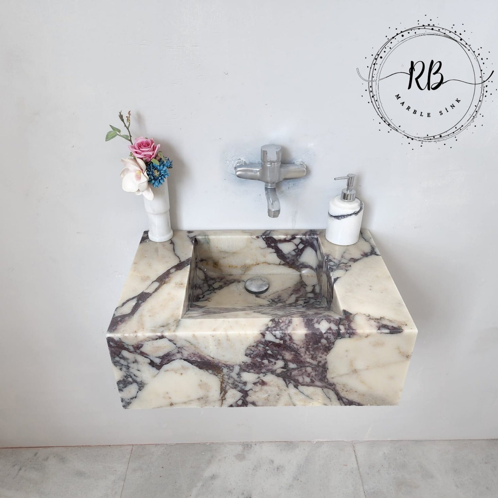 Calacatta Viola Mermer Lavabo – Duvara Monte Dikdörtgen Lüks Vanity - Görsel 4