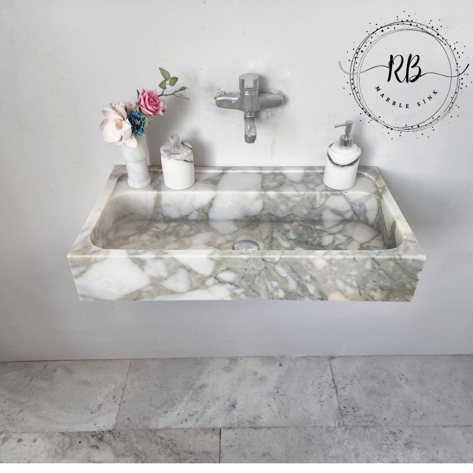 Calacatta Monet Mermer Lavabo – Duvara Monte Özel Üretim Banyo Vanity - Görsel 3