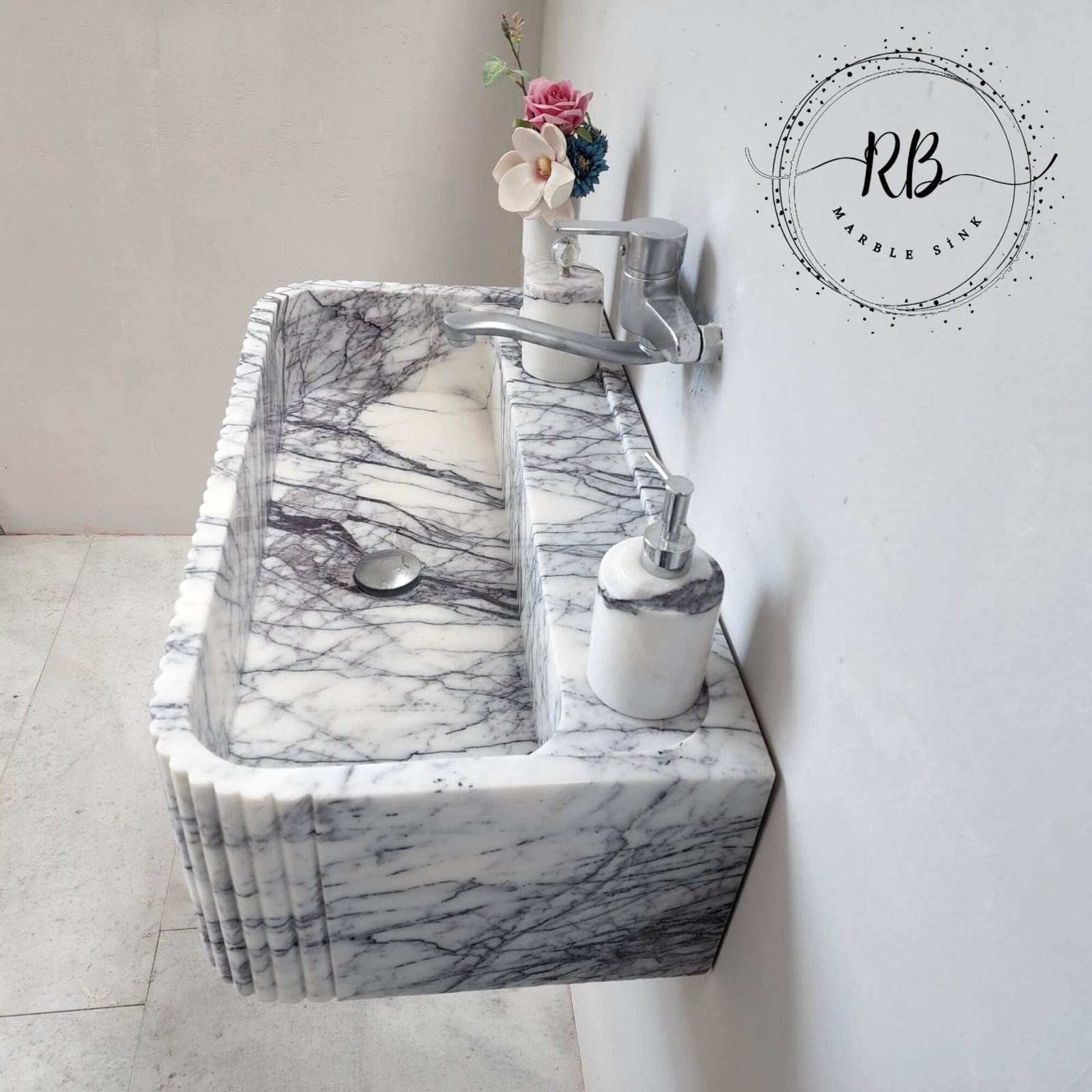 Lilac Mermer Lavabo – El Oyma Ribbed Kenarlı, Yuvarlatılmış Köşeli Duvar Tipi Banyo Lavabosu - Görsel 7