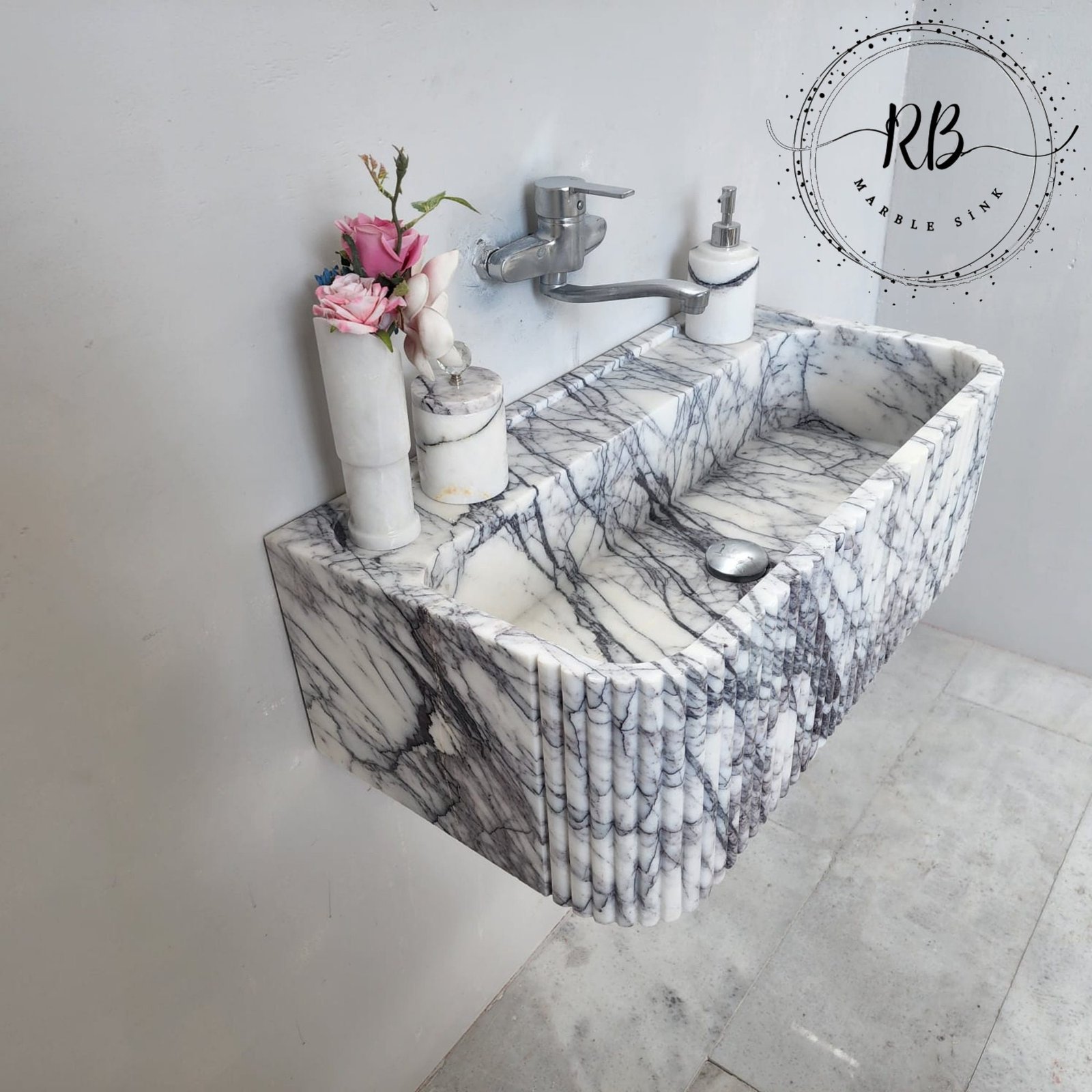 Lilac Mermer Lavabo – El Oyma Ribbed Kenarlı, Yuvarlatılmış Köşeli Duvar Tipi Banyo Lavabosu - Görsel 3