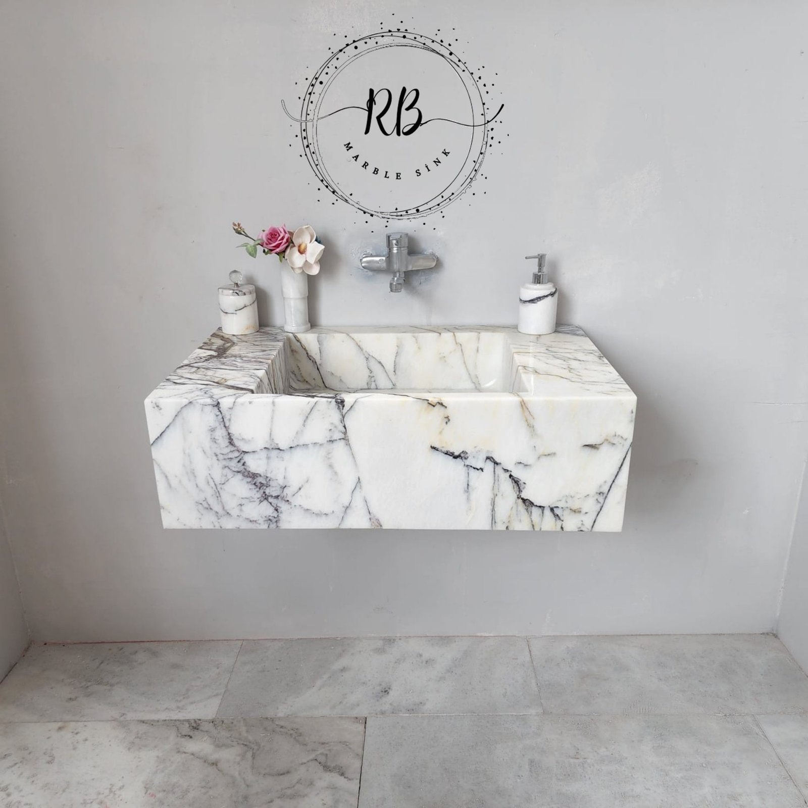 Lilac White Mermer Lavabo – El Oyma Duvar Montajlı Lüks Taş Vanity (34") - Görsel 4
