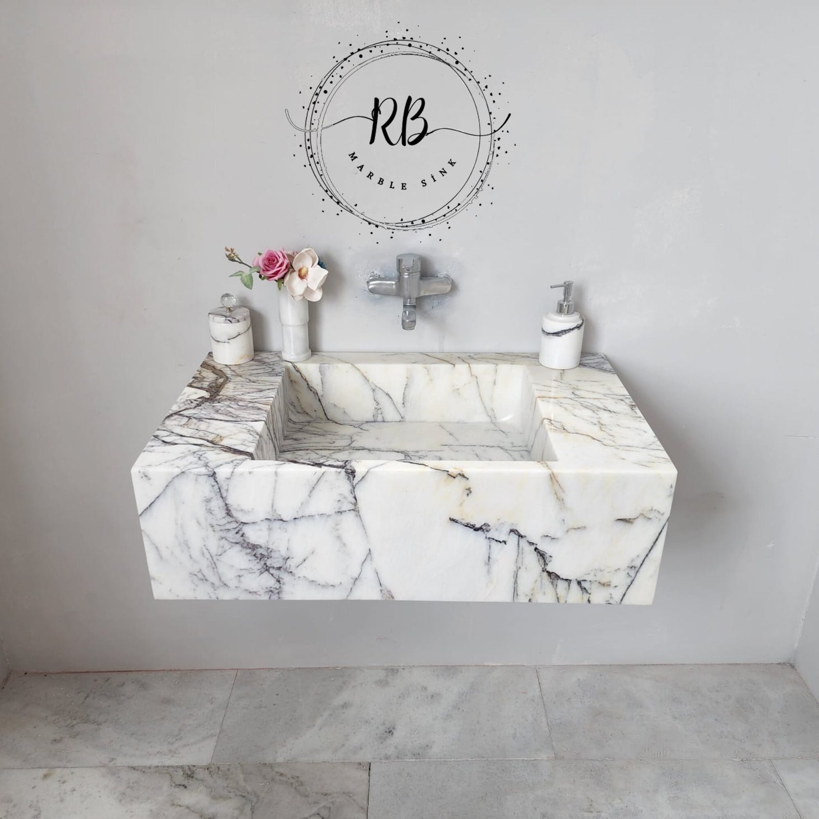 Lilac White Mermer Lavabo – El Oyma Duvar Montajlı Lüks Taş Vanity (34") - Görsel 5