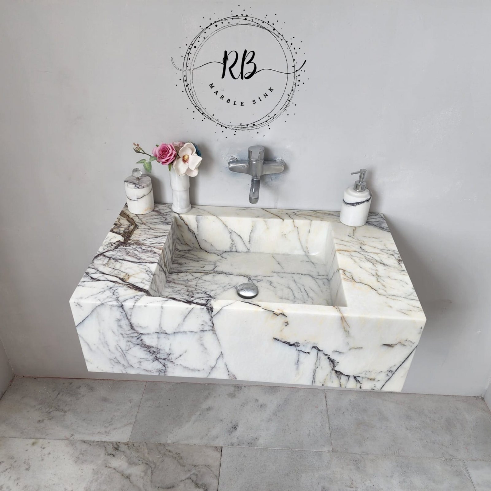 Lilac White Mermer Lavabo – El Oyma Duvar Montajlı Lüks Taş Vanity (34") - Görsel 3