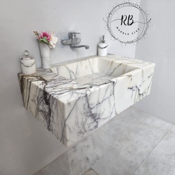 Lilac White Mermer Lavabo – El Oyma Duvar Montajlı Lüks Taş Vanity (34")