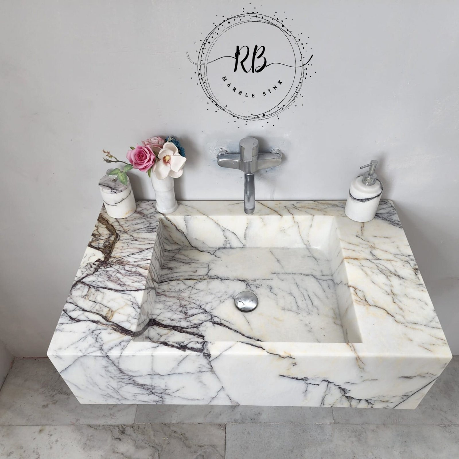 Lilac White Mermer Lavabo – El Oyma Duvar Montajlı Lüks Taş Vanity (34") - Görsel 7