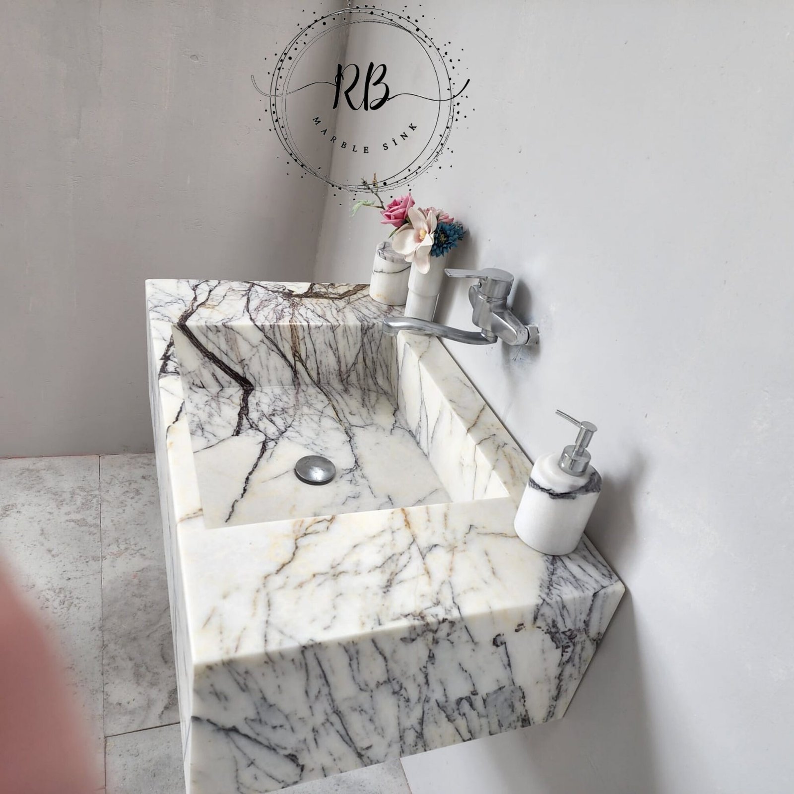 Lilac White Mermer Lavabo – El Oyma Duvar Montajlı Lüks Taş Vanity (34") - Görsel 8