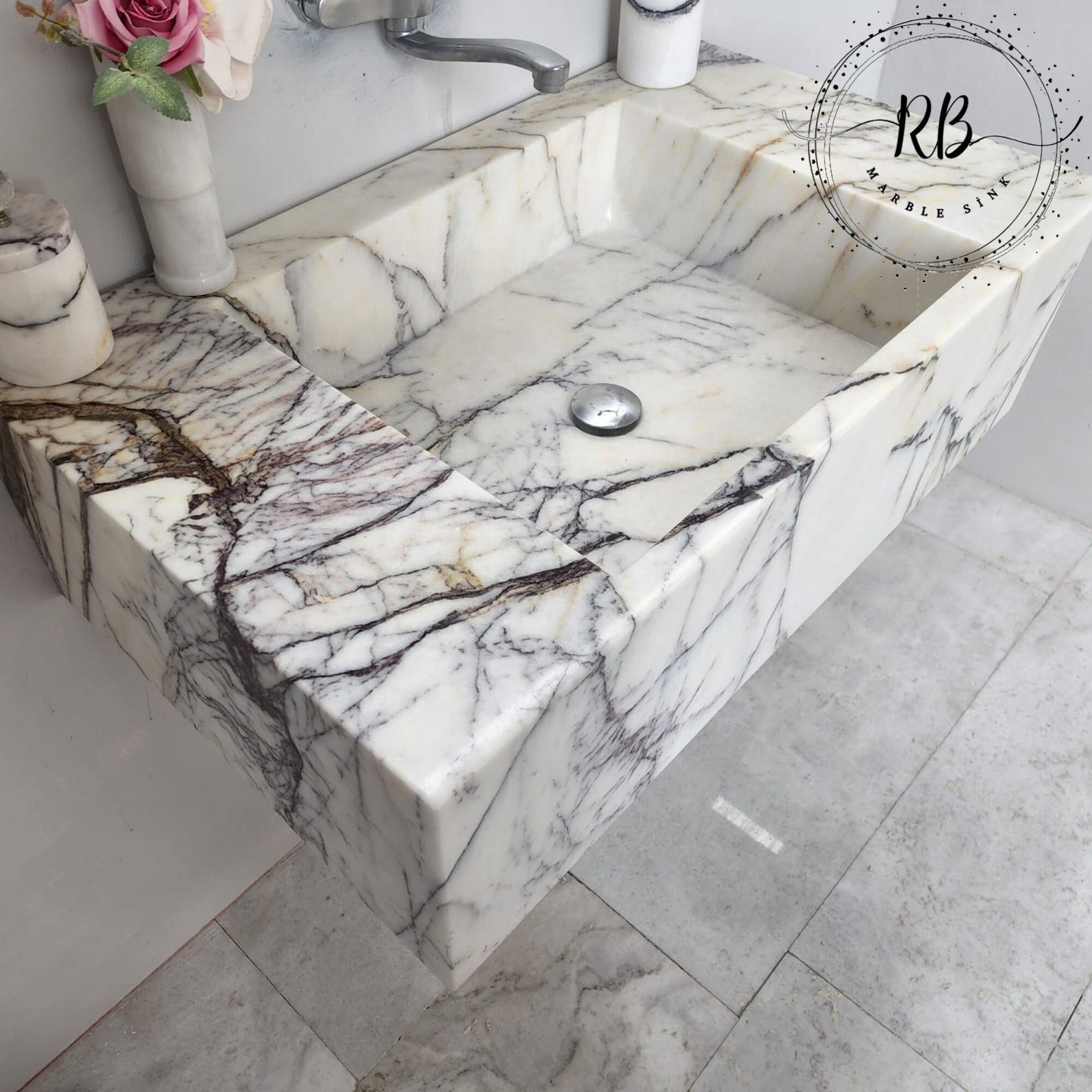 Lilac White Mermer Lavabo – El Oyma Duvar Montajlı Lüks Taş Vanity (34") - Görsel 2