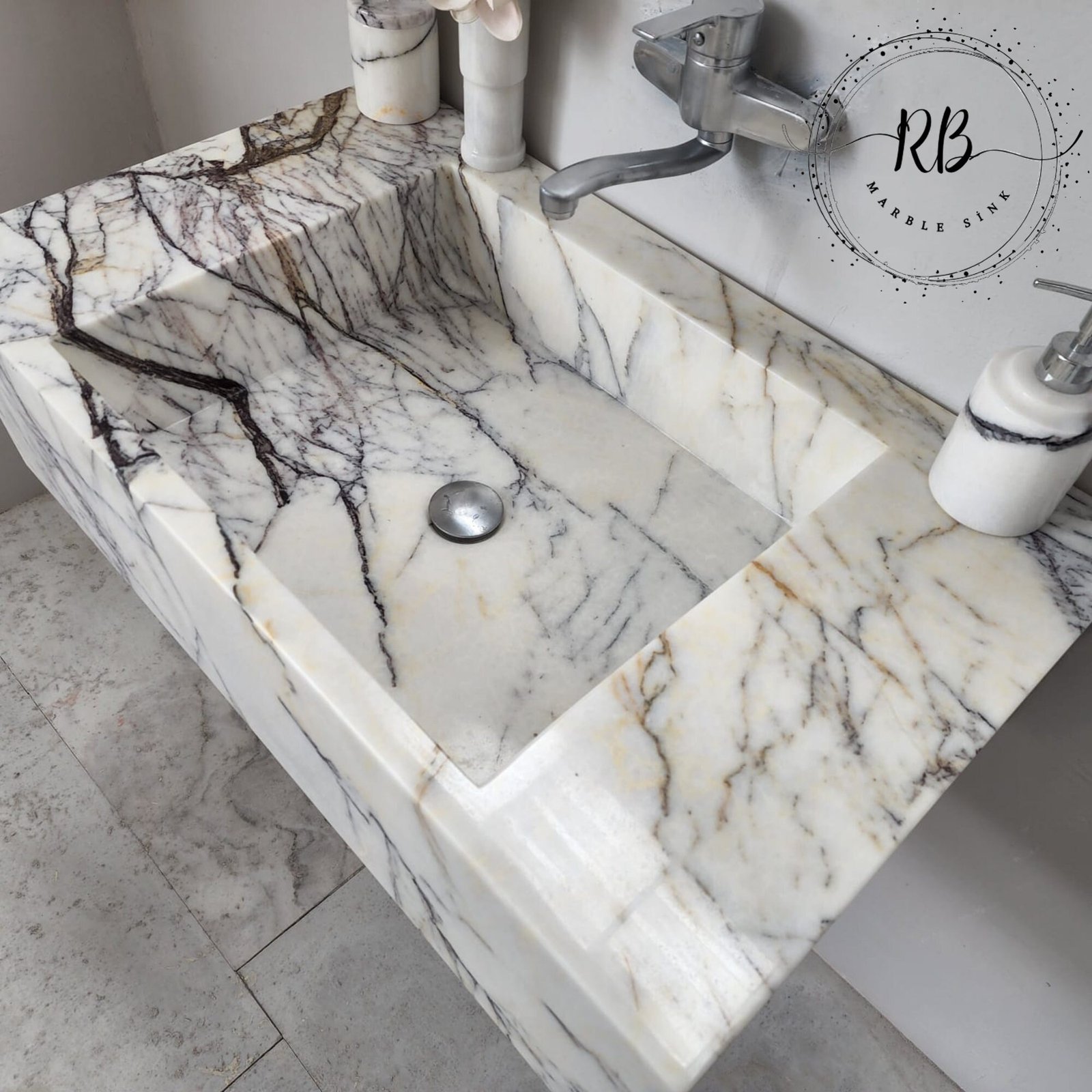 Lilac White Mermer Lavabo – El Oyma Duvar Montajlı Lüks Taş Vanity (34") - Görsel 10