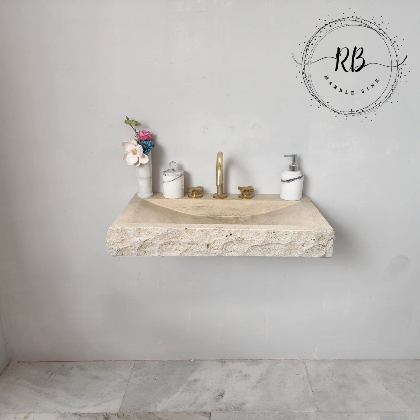 Split Face Traverten Lavabo – Duvara Monte Rustik Doğal Taş Banyo Tezgahı - Görsel 5