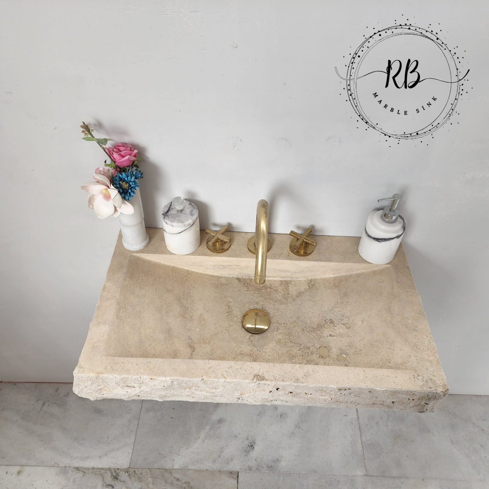 Split Face Traverten Lavabo – Duvara Monte Rustik Doğal Taş Banyo Tezgahı - Görsel 7
