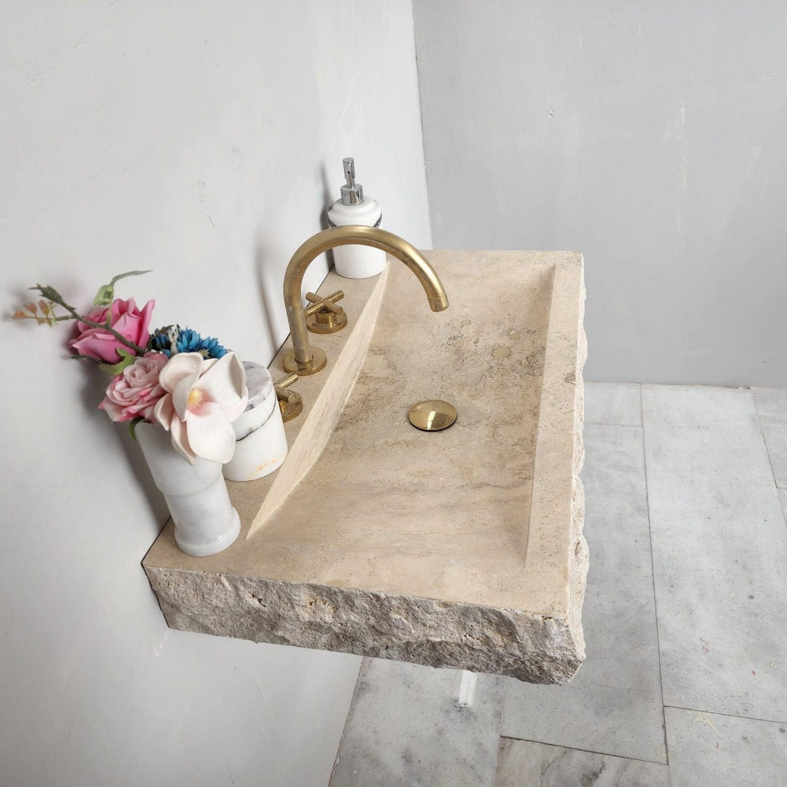 Split Face Traverten Lavabo – Duvara Monte Rustik Doğal Taş Banyo Tezgahı - Görsel 9
