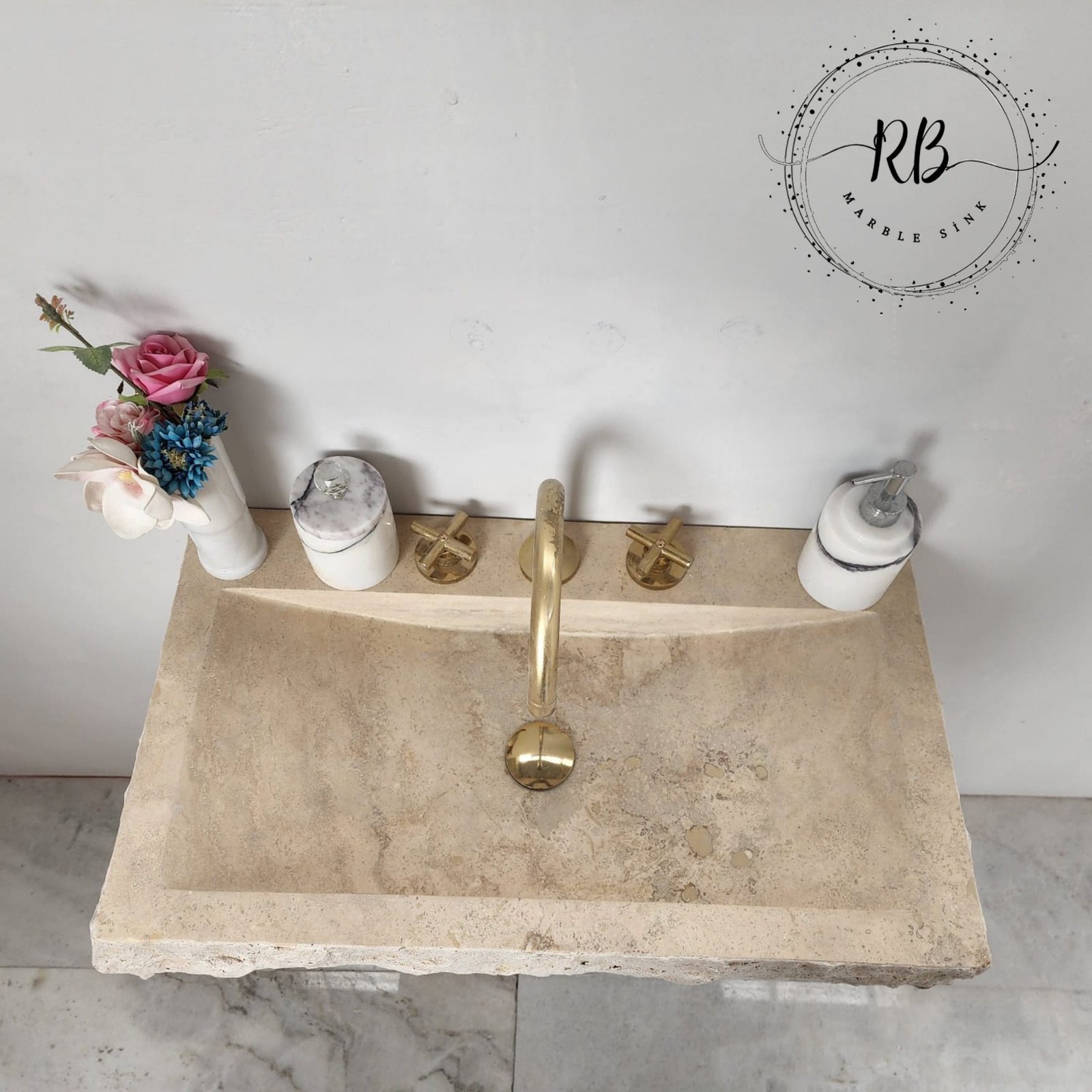 Split Face Traverten Lavabo – Duvara Monte Rustik Doğal Taş Banyo Tezgahı - Görsel 8