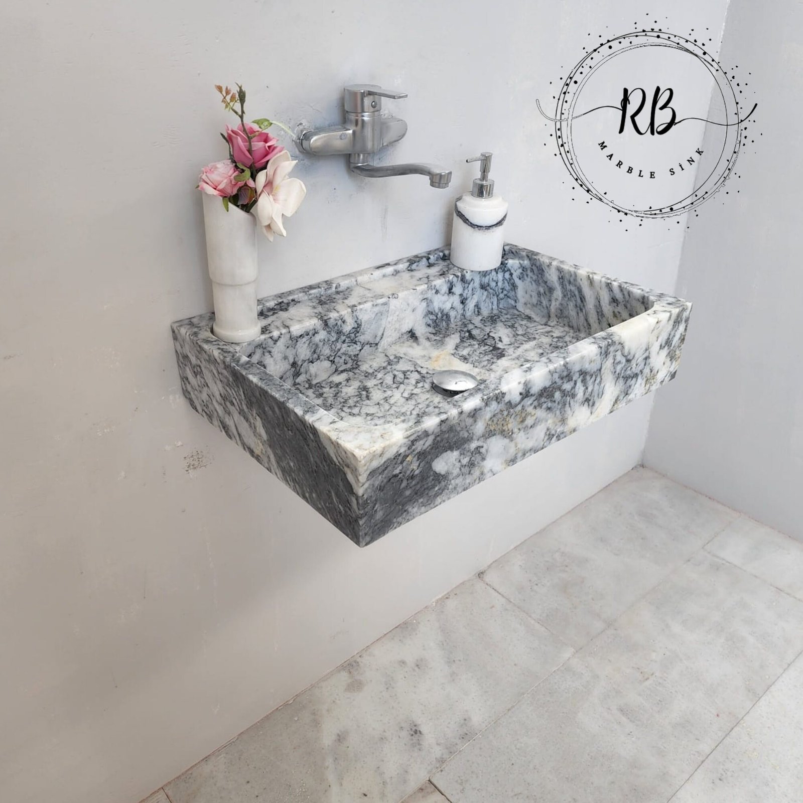 Gray Tiger Mermer Lavabo – Dikdörtgen Form Modern Taş Vanity (24") - Görsel 5