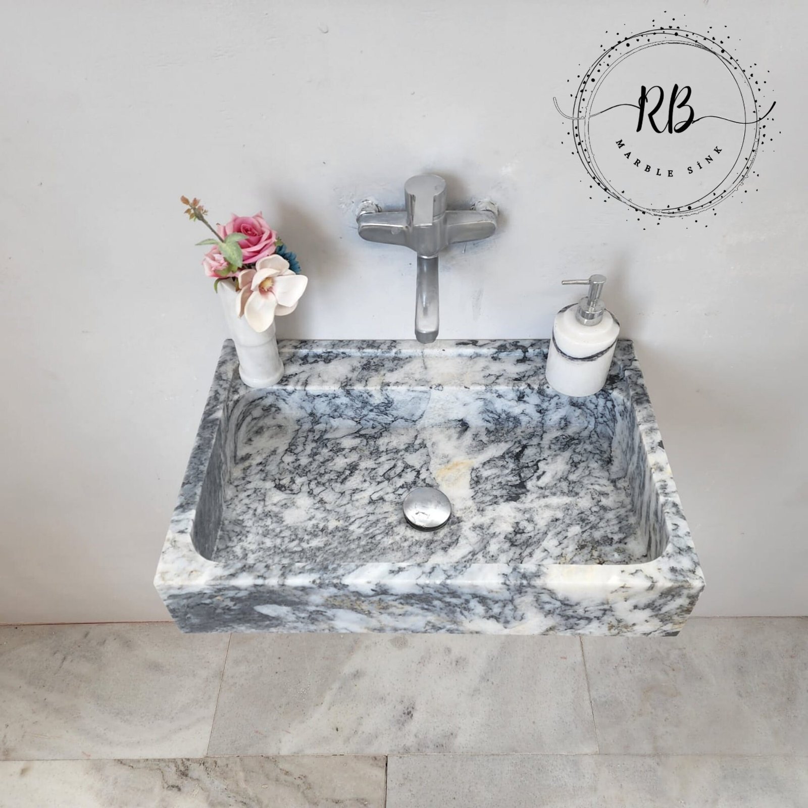 Gray Tiger Mermer Lavabo – Dikdörtgen Form Modern Taş Vanity (24") - Görsel 6