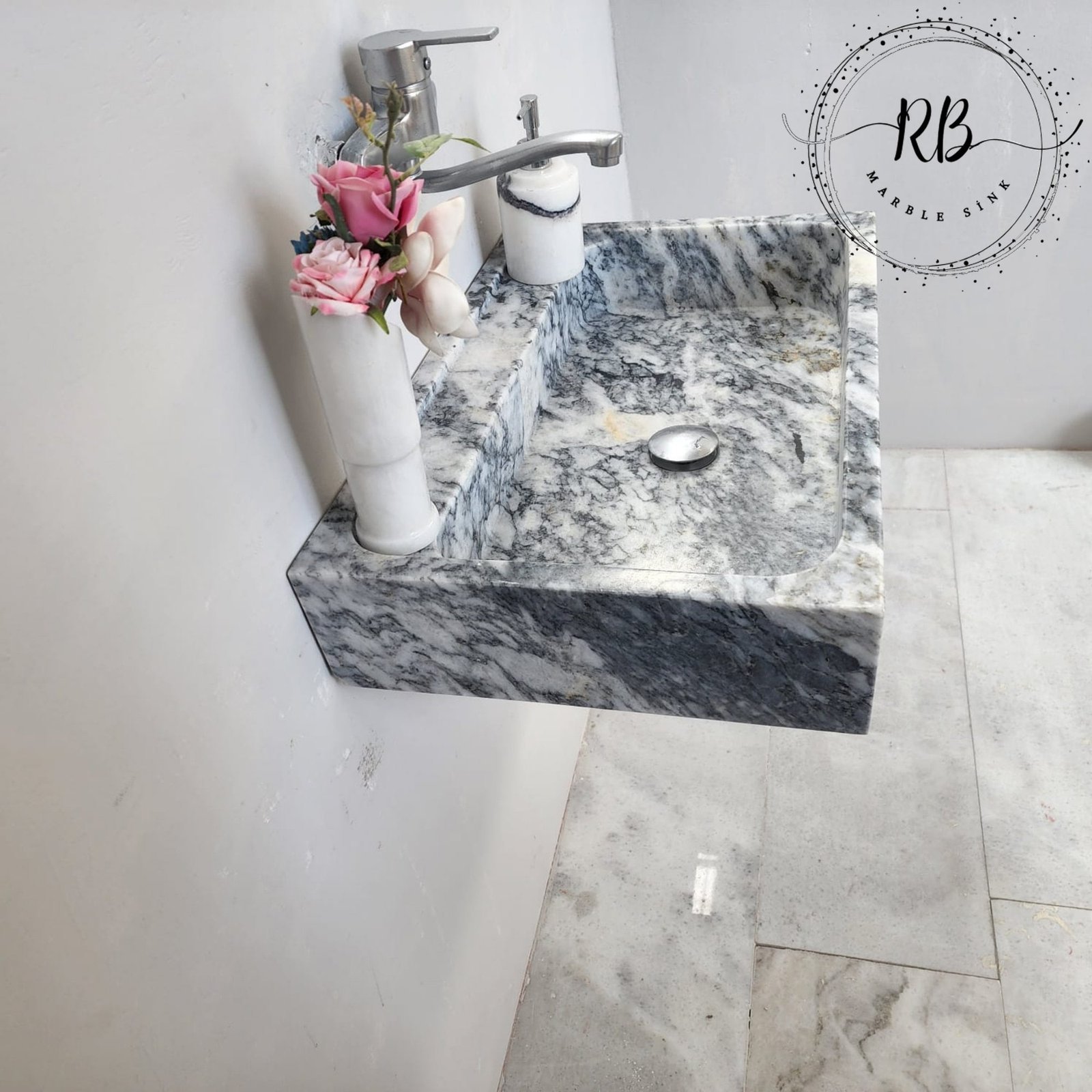 Gray Tiger Mermer Lavabo – Dikdörtgen Form Modern Taş Vanity (24") - Görsel 8