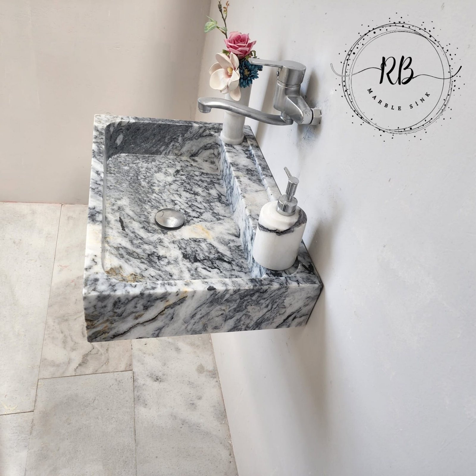 Gray Tiger Mermer Lavabo – Dikdörtgen Form Modern Taş Vanity (24") - Görsel 9