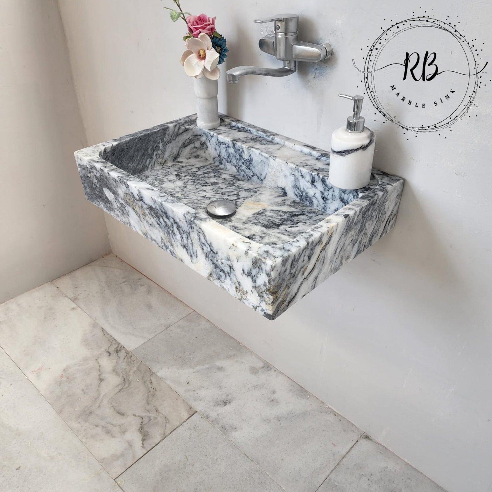 Gray Tiger Mermer Lavabo – Dikdörtgen Form Modern Taş Vanity (24") - Görsel 2