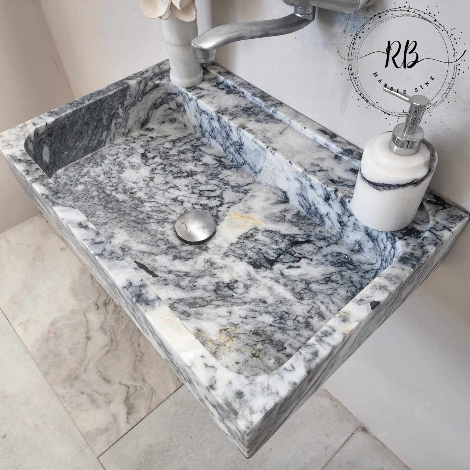 Gray Tiger Mermer Lavabo – Dikdörtgen Form Modern Taş Vanity (24")