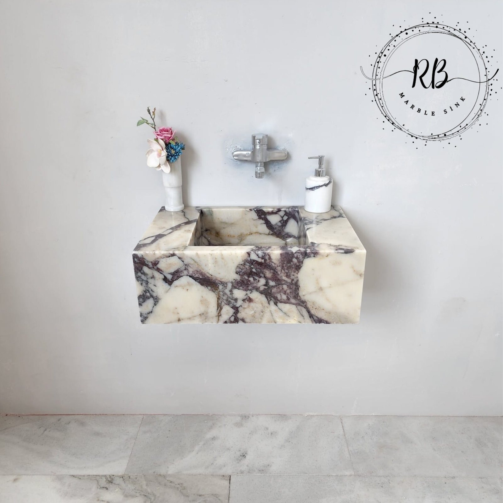 Calacatta Viola Mermer Lavabo – Duvara Monte Dikdörtgen Lüks Vanity - Görsel 6