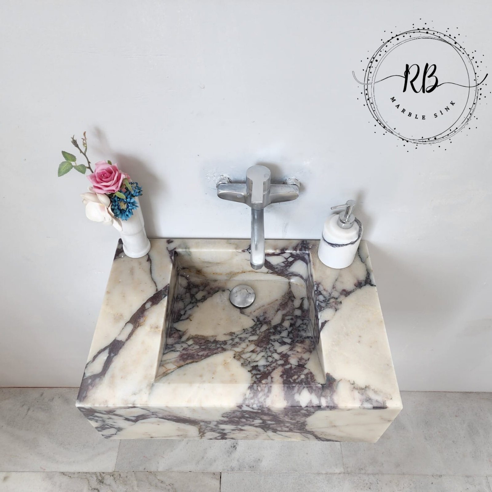 Calacatta Viola Mermer Lavabo – Duvara Monte Dikdörtgen Lüks Vanity - Görsel 5