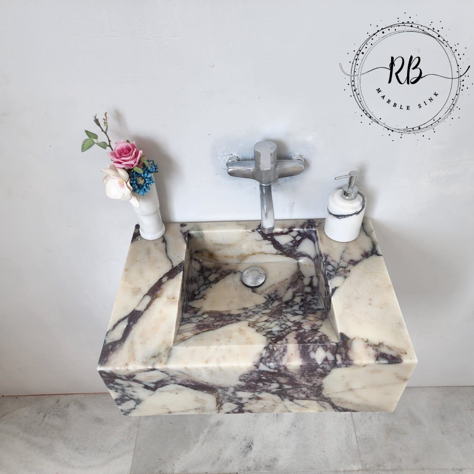 Calacatta Viola Mermer Lavabo – Duvara Monte Dikdörtgen Lüks Vanity - Görsel 3
