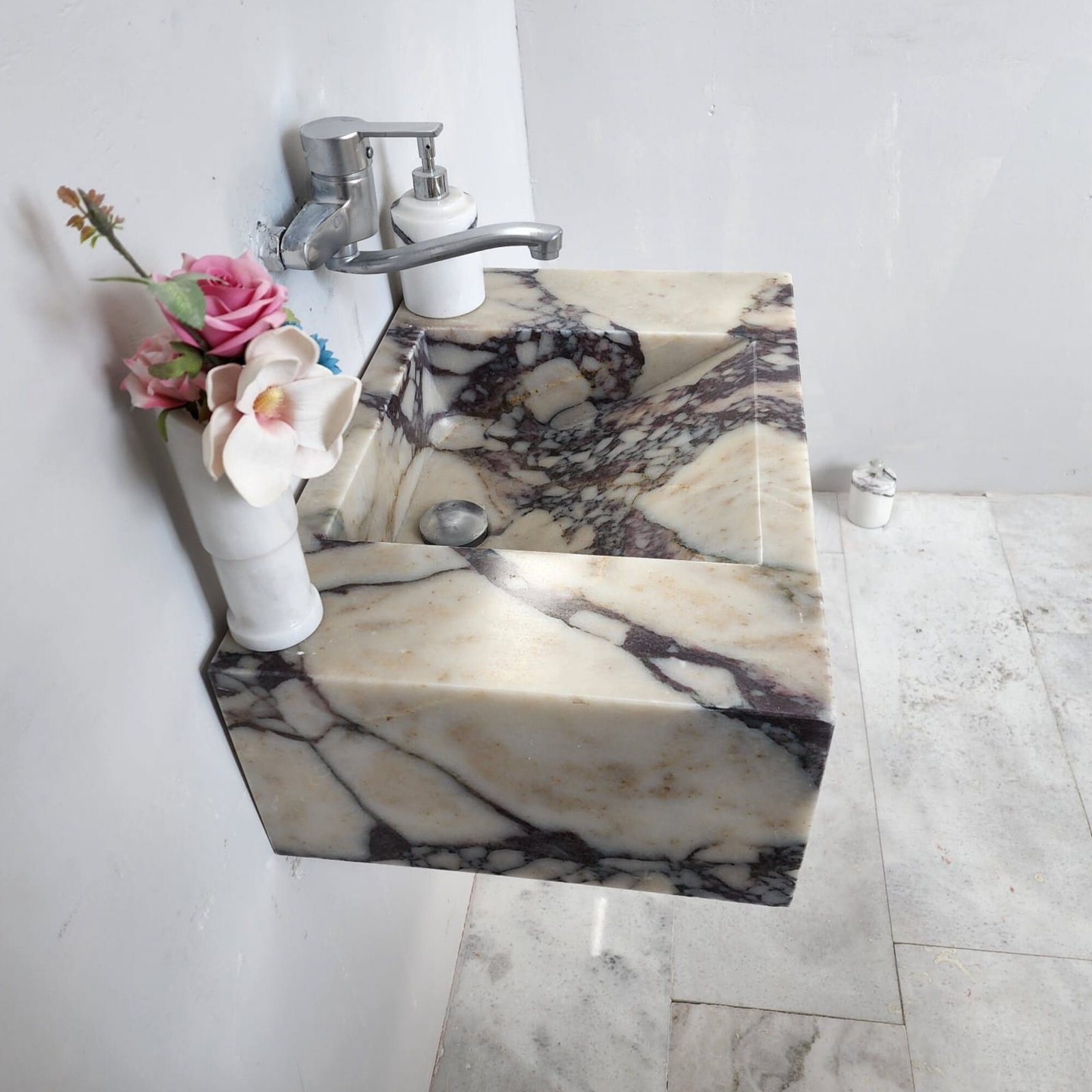 Calacatta Viola Mermer Lavabo – Duvara Monte Dikdörtgen Lüks Vanity - Görsel 8