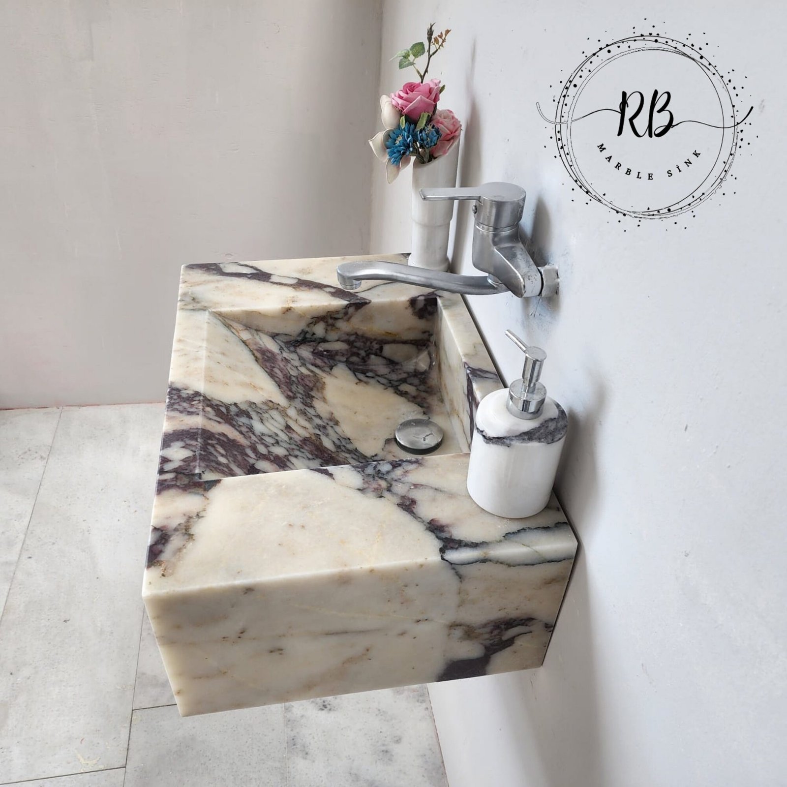 Calacatta Viola Mermer Lavabo – Duvara Monte Dikdörtgen Lüks Vanity - Görsel 7