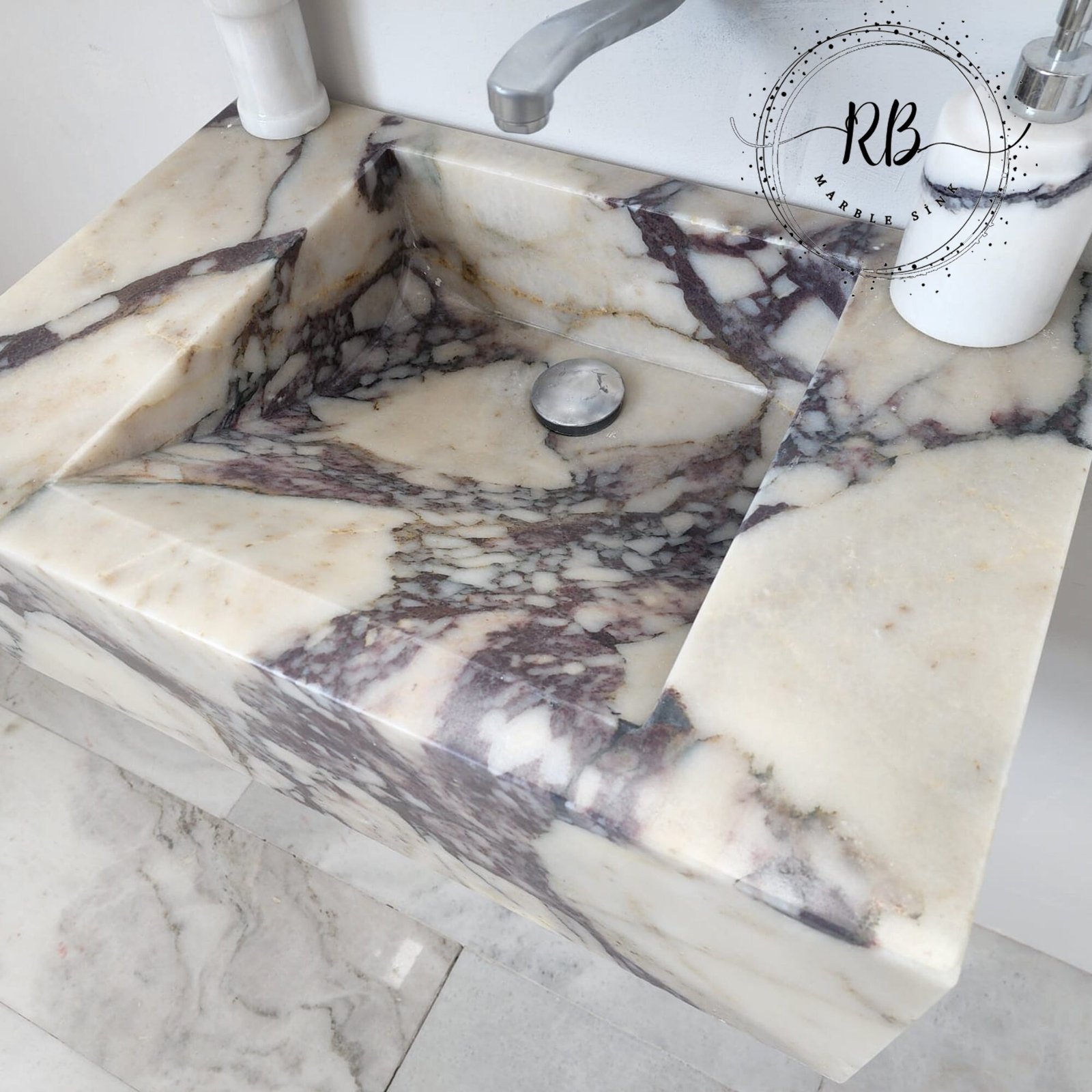 Calacatta Viola Mermer Lavabo – Duvara Monte Dikdörtgen Lüks Vanity - Görsel 2