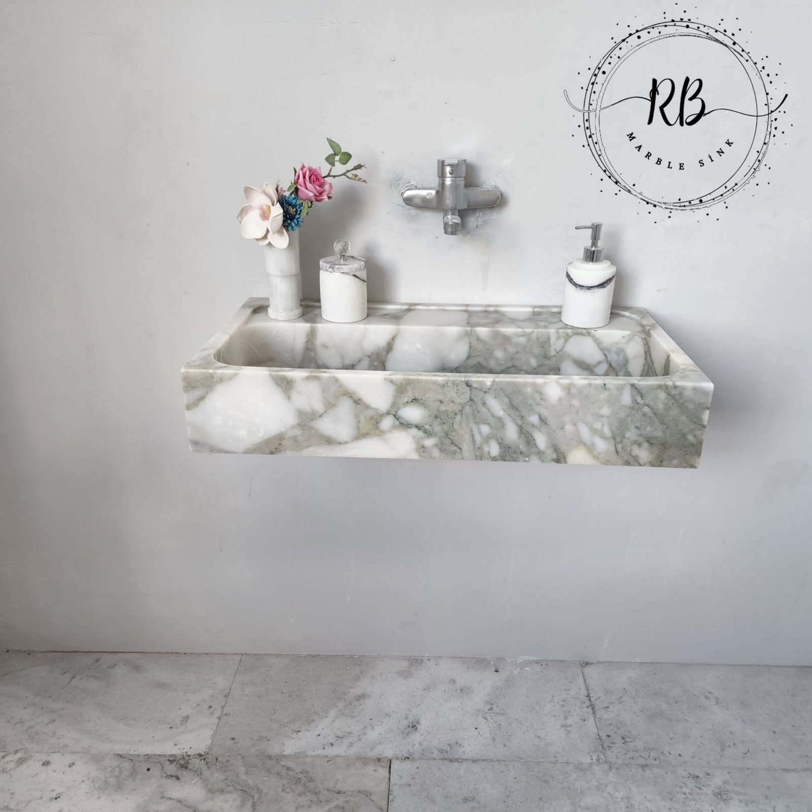 Calacatta Monet Mermer Lavabo – Duvara Monte Özel Üretim Banyo Vanity - Görsel 5