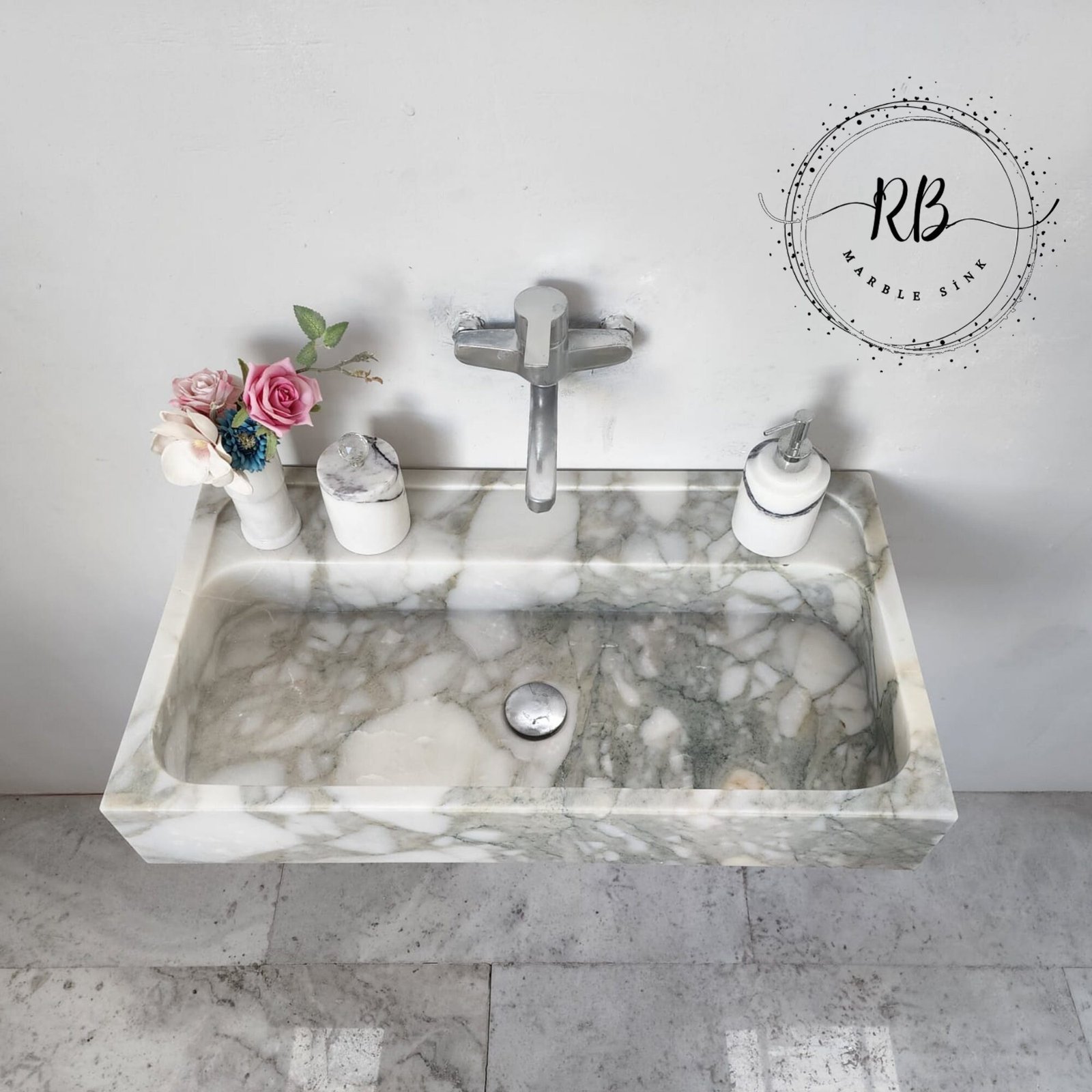 Calacatta Monet Mermer Lavabo – Duvara Monte Özel Üretim Banyo Vanity - Görsel 4