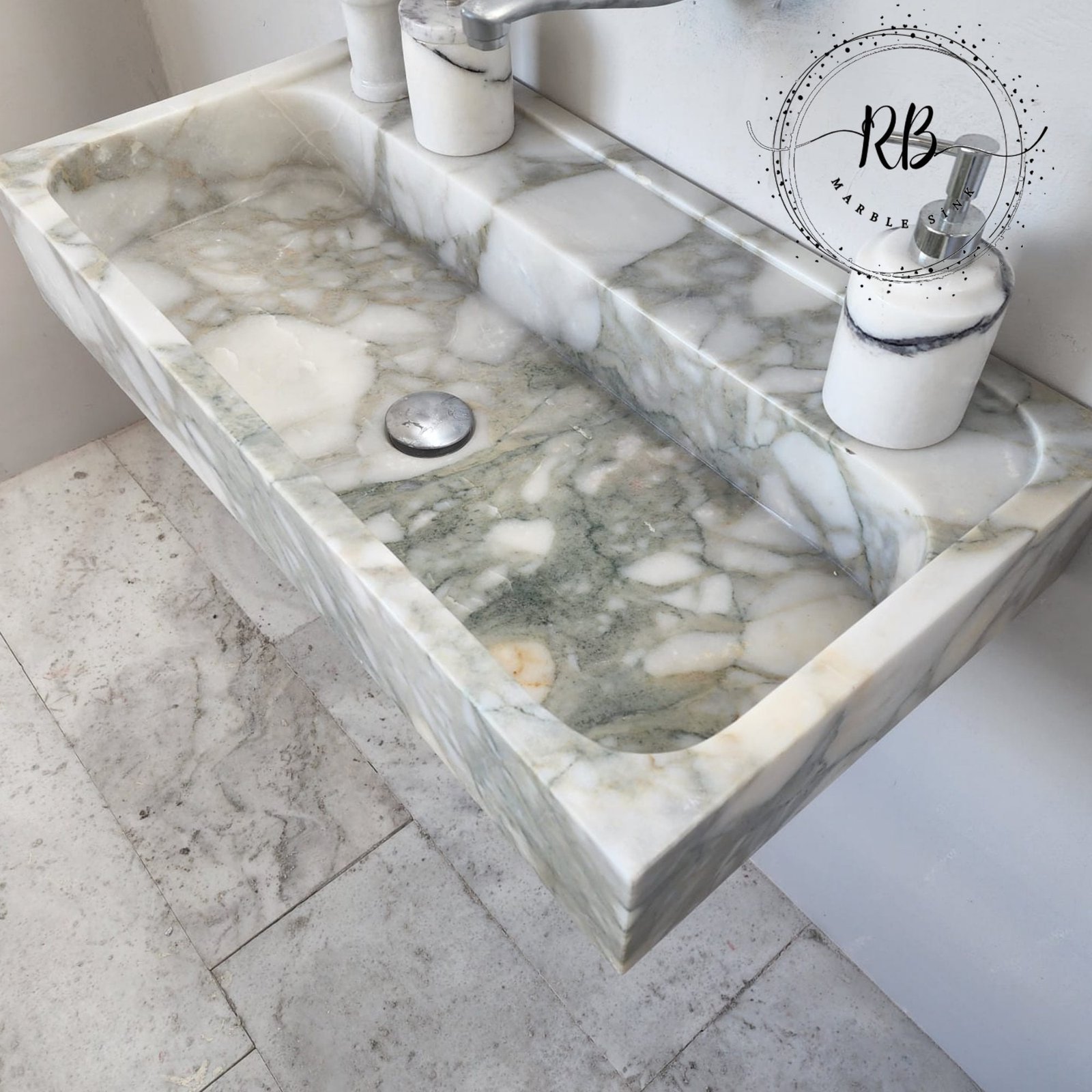 Calacatta Monet Mermer Lavabo – Duvara Monte Özel Üretim Banyo Vanity - Görsel 2